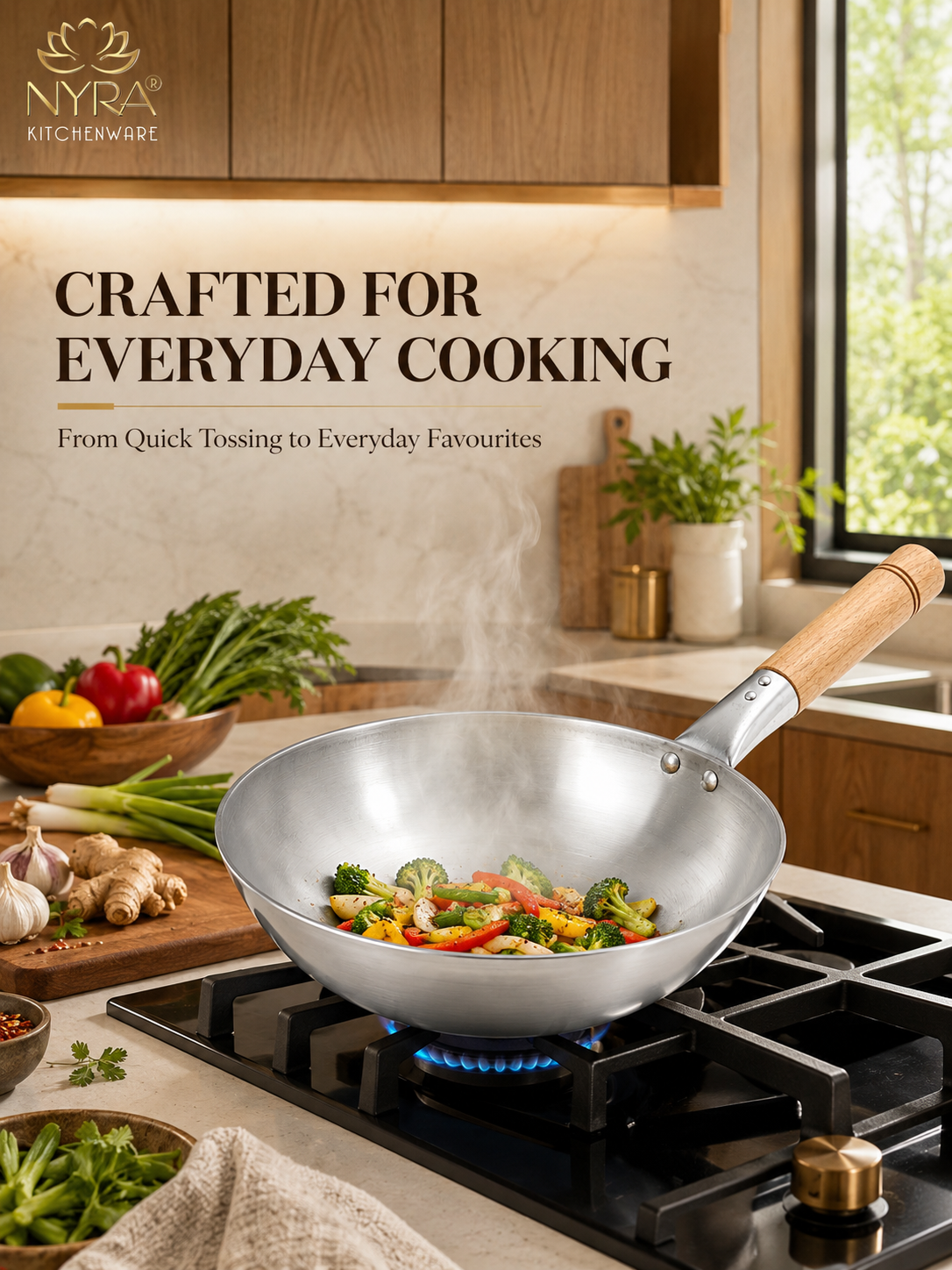 Iron Chinese Wok/Kadhai with Wooden Handle | Heavy-Duty Iron Kadai