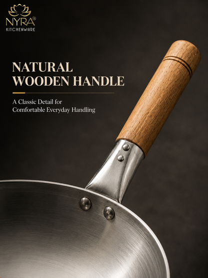 Iron Chinese Wok/Kadhai with Wooden Handle | Heavy-Duty Iron Kadai