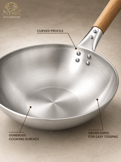 Iron Chinese Wok/Kadhai with Wooden Handle | Heavy-Duty Iron Kadai