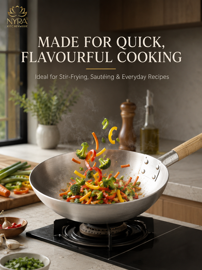 Iron Chinese Wok/Kadhai with Wooden Handle | Heavy-Duty Iron Kadai