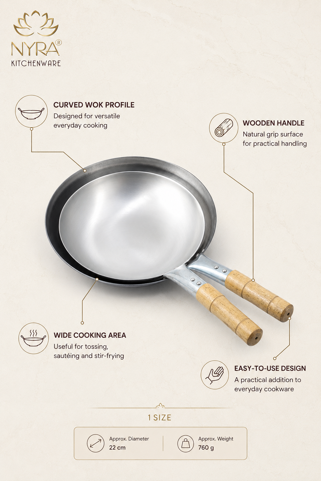 Iron Chinese Wok/Kadhai with Wooden Handle | Heavy-Duty Iron Kadai