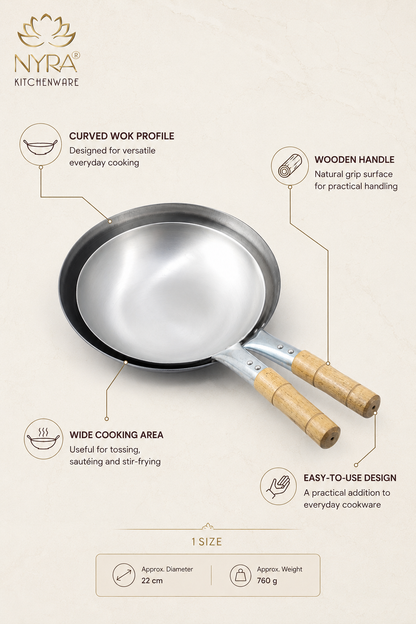 Iron Chinese Wok/Kadhai with Wooden Handle | Heavy-Duty Iron Kadai