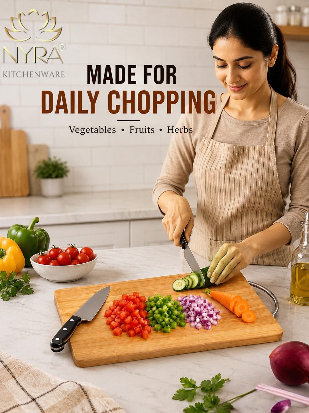 Wooden Chopping Board with Durable Steel Handle - Slicing and Chopping veggies/fruits/cheese