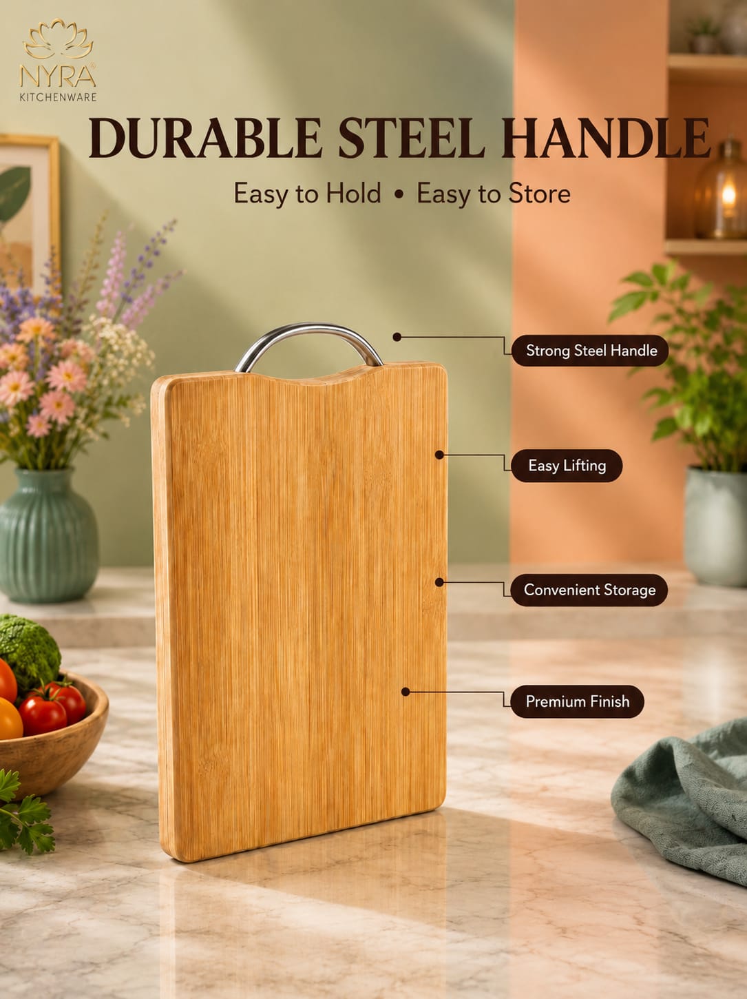 Wooden Chopping Board with Durable Steel Handle - Slicing and Chopping veggies/fruits/cheese