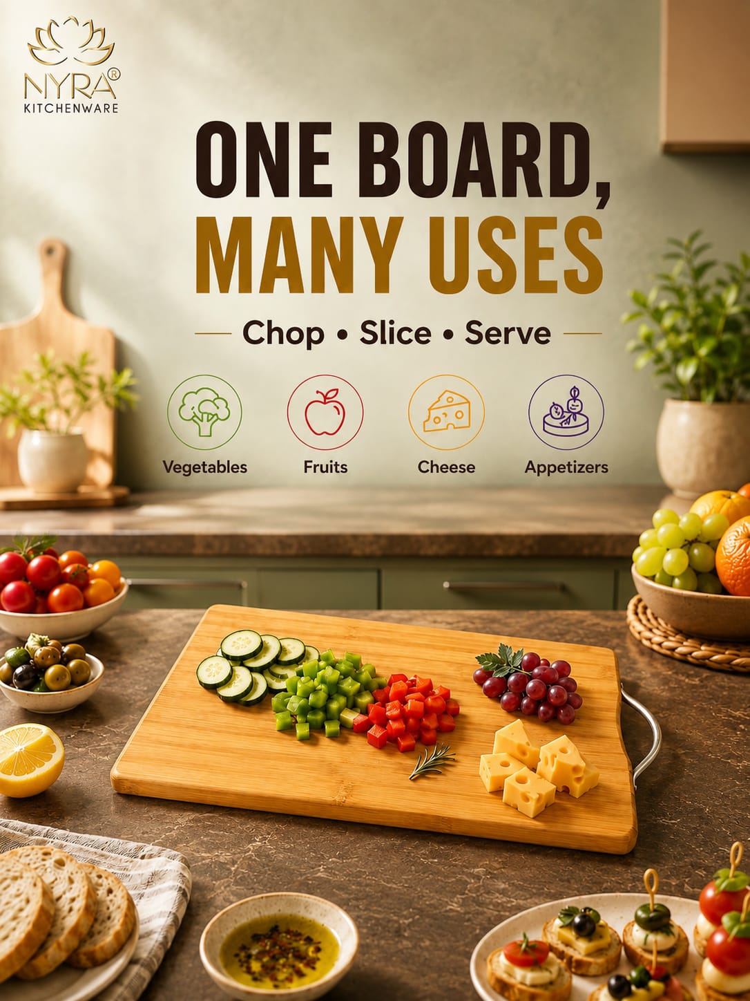 Wooden Chopping Board with Durable Steel Handle - Slicing and Chopping veggies/fruits/cheese