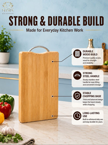 Wooden Chopping Board with Durable Steel Handle - Slicing and Chopping veggies/fruits/cheese