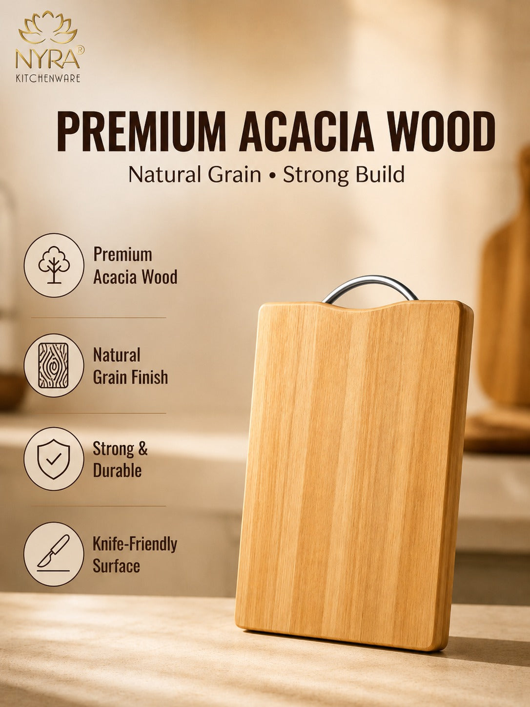 Wooden Chopping Board with Durable Steel Handle - Slicing and Chopping veggies/fruits/cheese