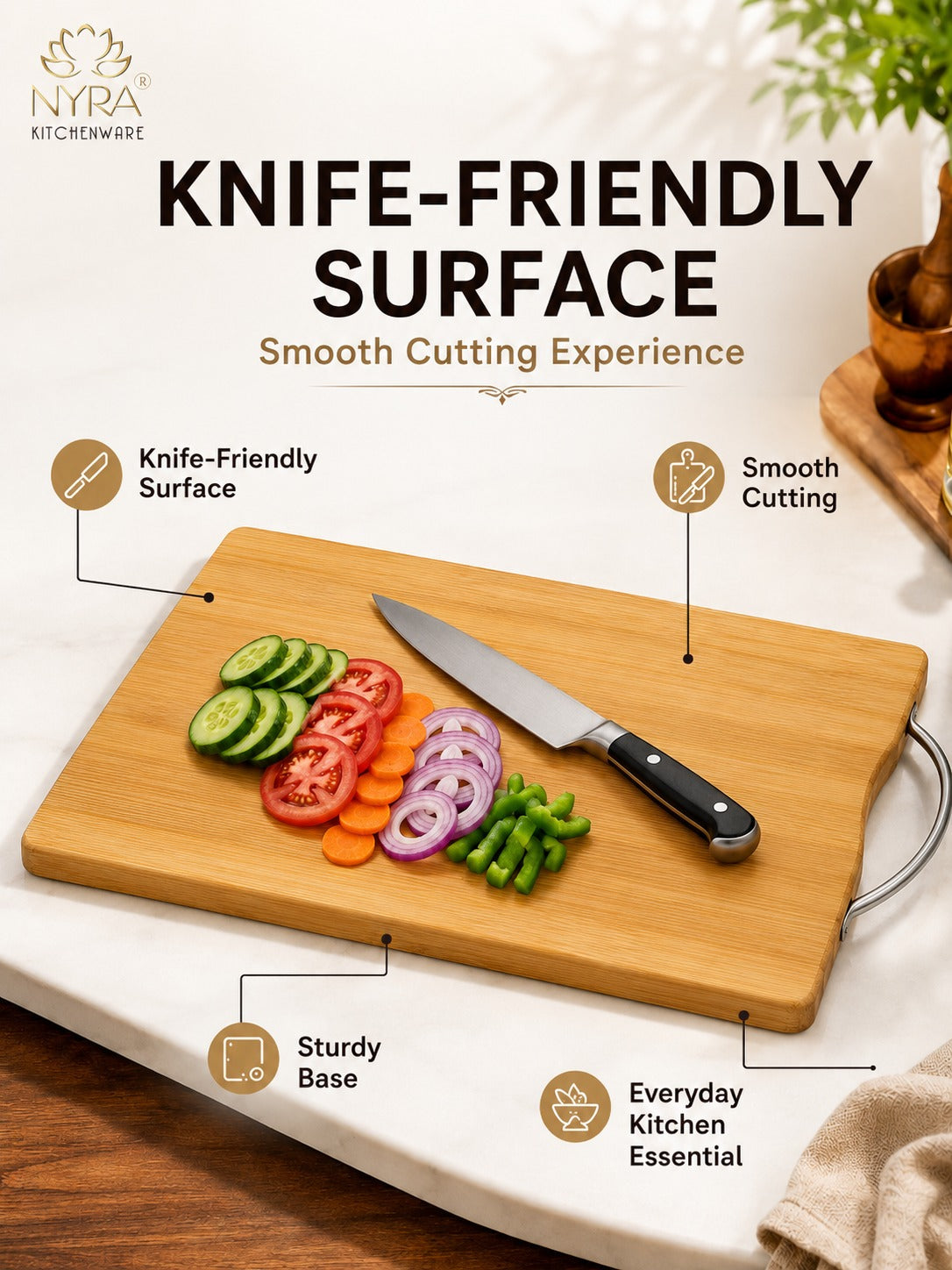 Wooden Chopping Board with Durable Steel Handle - Slicing and Chopping veggies/fruits/cheese