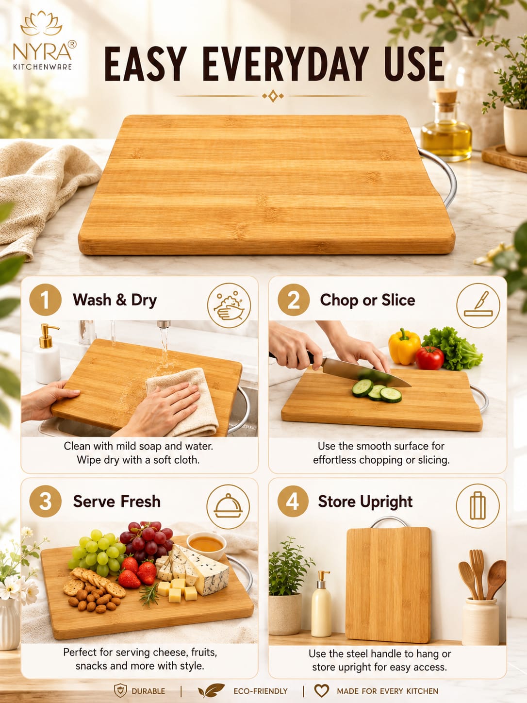 Wooden Chopping Board with Durable Steel Handle - Slicing and Chopping veggies/fruits/cheese