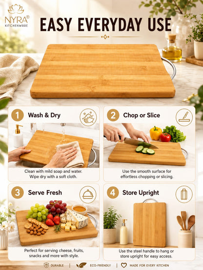 Wooden Chopping Board with Durable Steel Handle - Slicing and Chopping veggies/fruits/cheese