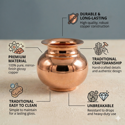 A polished copper pot centered on a light beige surface with a soft blue-gray background. Five callout graphics surround the pot with text and icons describing features: durable and long-lasting construction, premium material, traditional craftsmanship, easy to clean, and unbreakable.