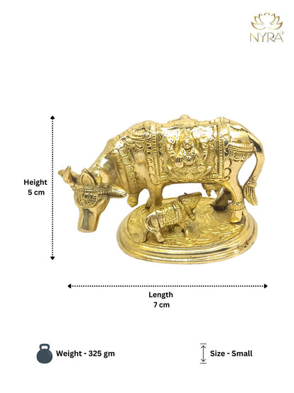 Pure Brass Kamdhenu Cow and Calf Idol | Handcrafted Gau Mata Statue with Detailed Carvings - Vastu & Pooja Decorative Showpiece