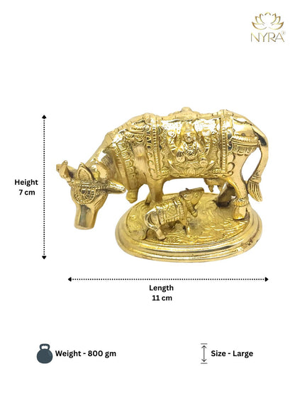 Pure Brass Kamdhenu Cow and Calf Idol | Handcrafted Gau Mata Statue with Detailed Carvings - Vastu & Pooja Decorative Showpiece
