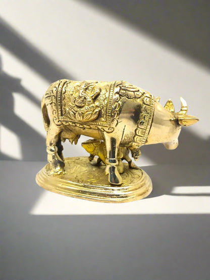 Pure Brass Kamdhenu Cow and Calf Idol | Handcrafted Gau Mata Statue with Detailed Carvings - Vastu & Pooja Decorative Showpiece