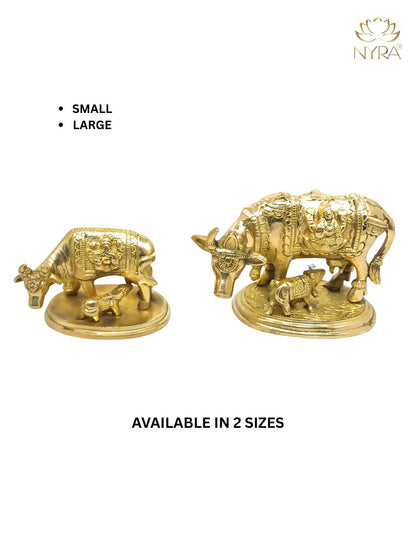 Pure Brass Kamdhenu Cow and Calf Idol | Handcrafted Gau Mata Statue with Detailed Carvings - Vastu & Pooja Decorative Showpiece
