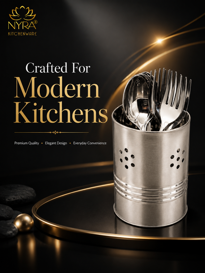 Stainless Steel Round Cutlery Holder/Spoon Holder - Glossy Finish Brush/Pen Holder