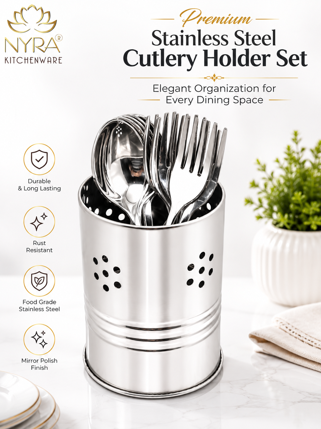 Stainless Steel Round Cutlery Holder/Spoon Holder - Glossy Finish Brush/Pen Holder