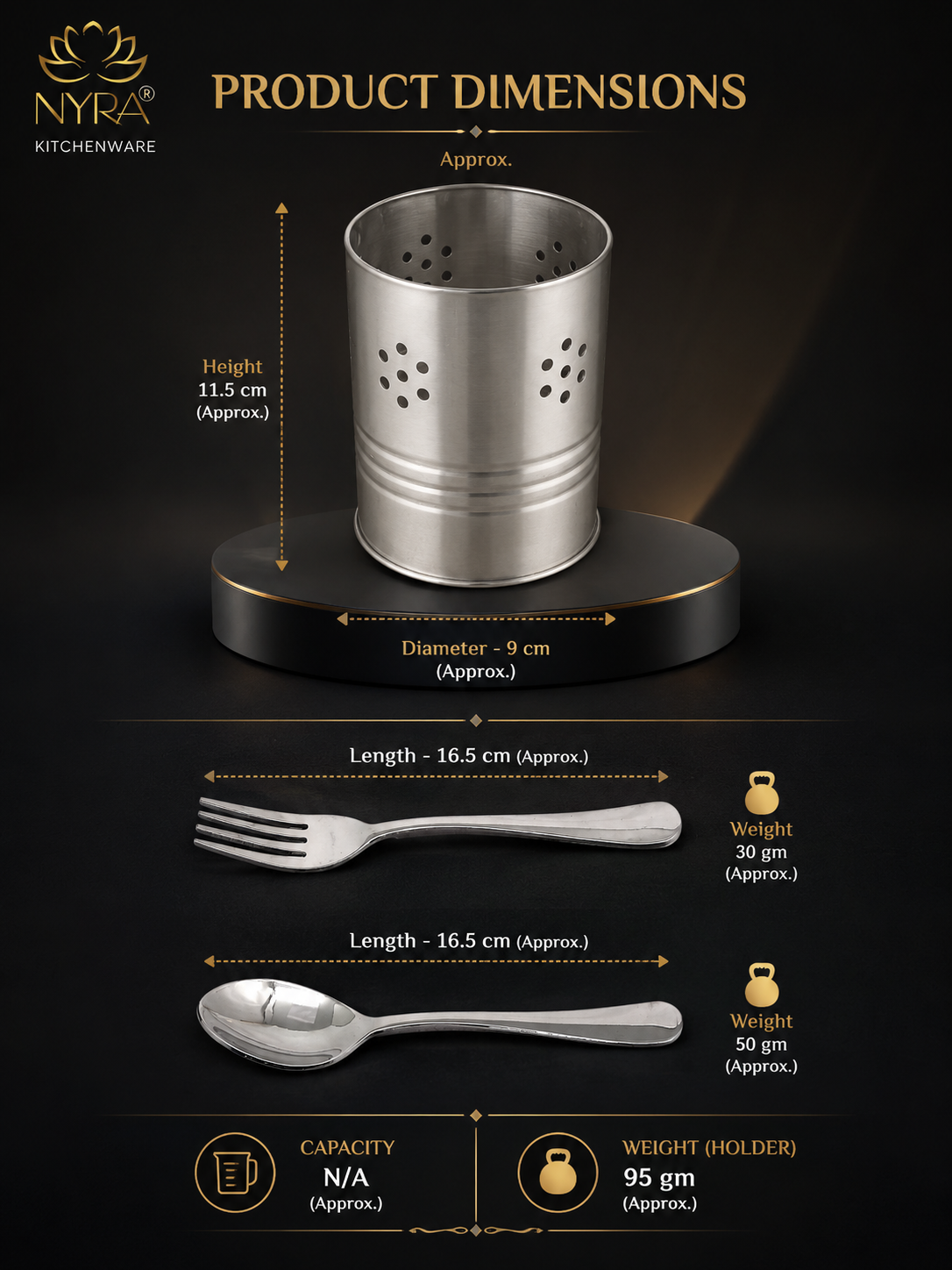 Stainless Steel Round Cutlery Holder/Spoon Holder - Glossy Finish Brush/Pen Holder