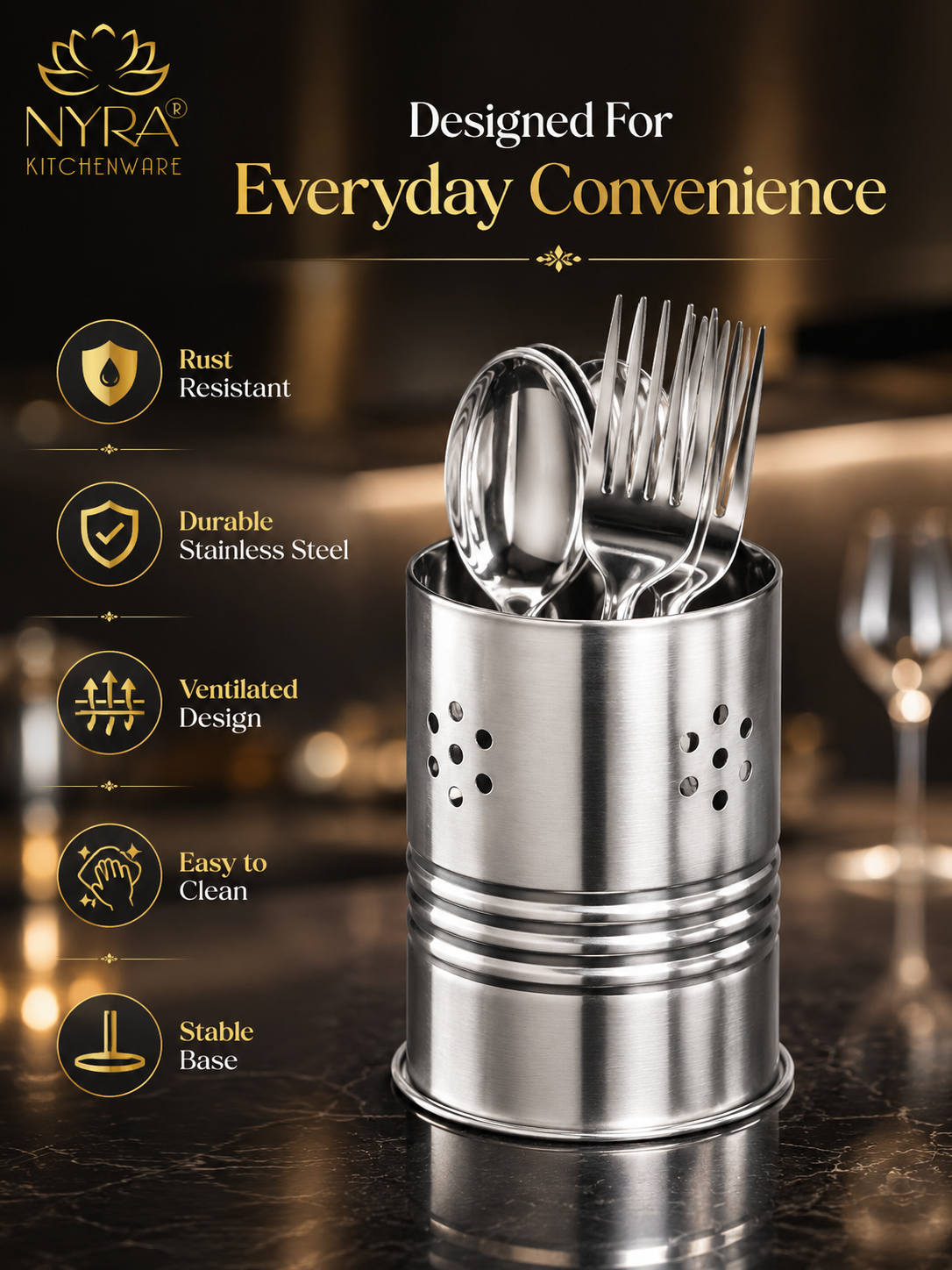 Stainless Steel Round Cutlery Holder/Spoon Holder - Glossy Finish Brush/Pen Holder