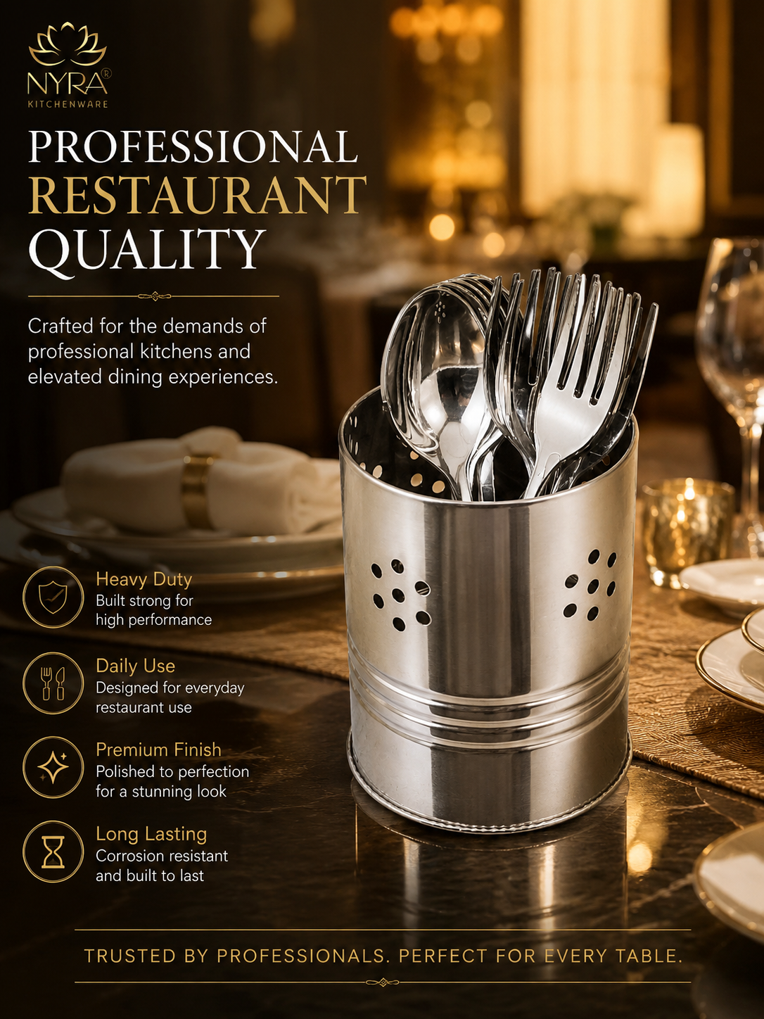 Stainless Steel Round Cutlery Holder/Spoon Holder - Glossy Finish Brush/Pen Holder