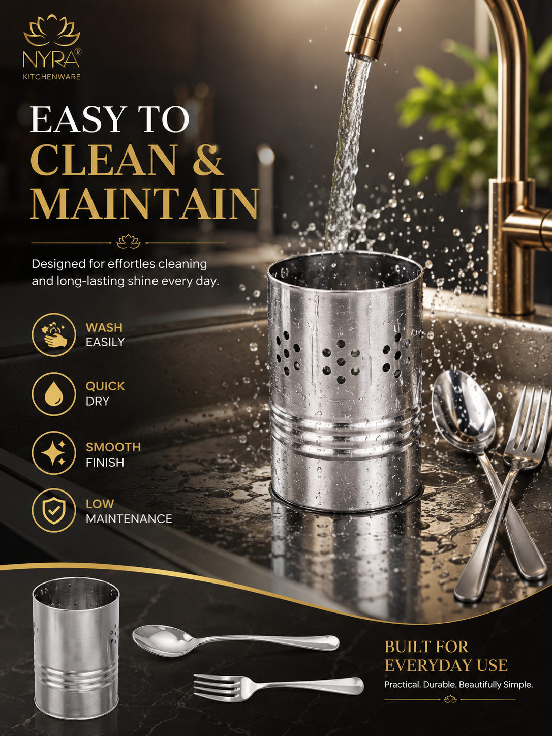 Stainless Steel Round Cutlery Holder/Spoon Holder - Glossy Finish Brush/Pen Holder