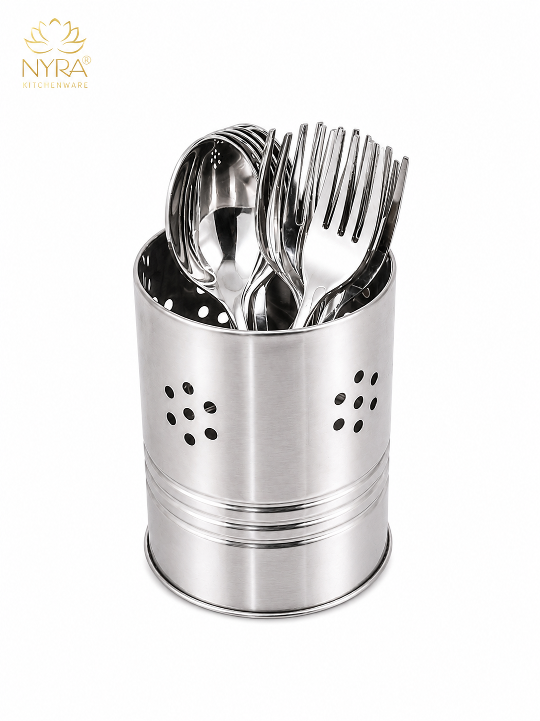 Stainless Steel Round Cutlery Holder/Spoon Holder - Glossy Finish Brush/Pen Holder