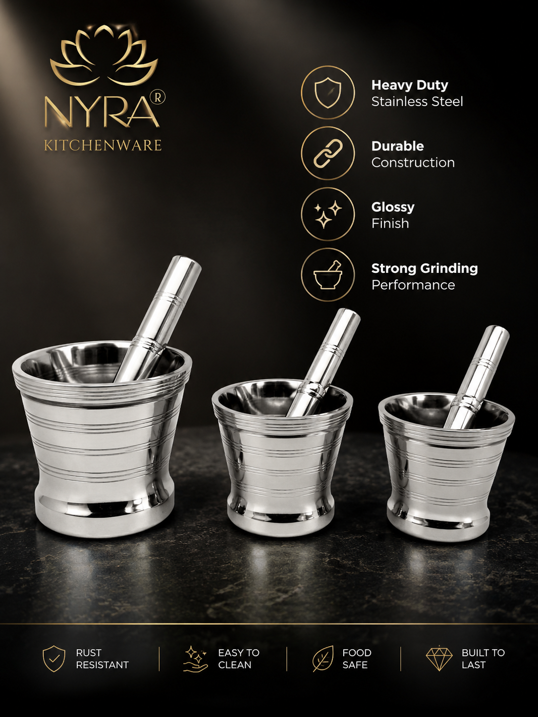 Premium Stainless Steel Mortar & Pestle Set/Khalbatta/Imam Dasta - 3 sizes