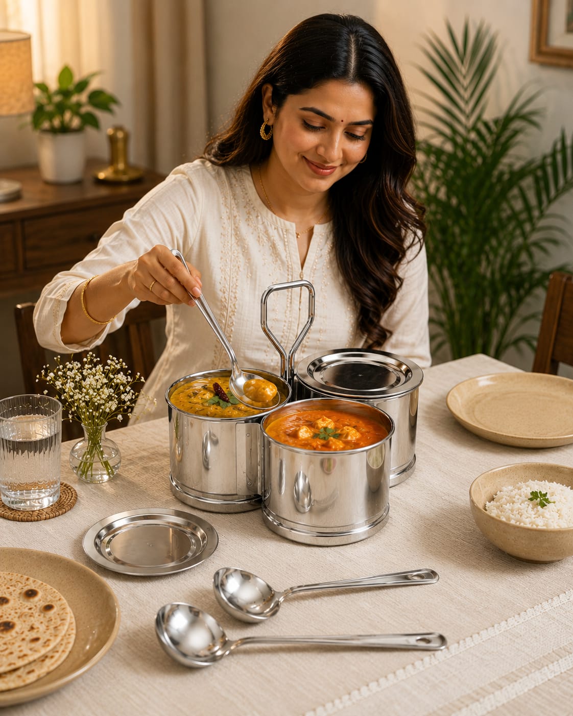 Stainless Steel Vegetable/Curry Holder (Chougadha) Serving Set with Lid & Serving Spoons | Glossy Mirror Finish Chaumukha | Multipurpose Buffet, Catering & Dining Serveware |
