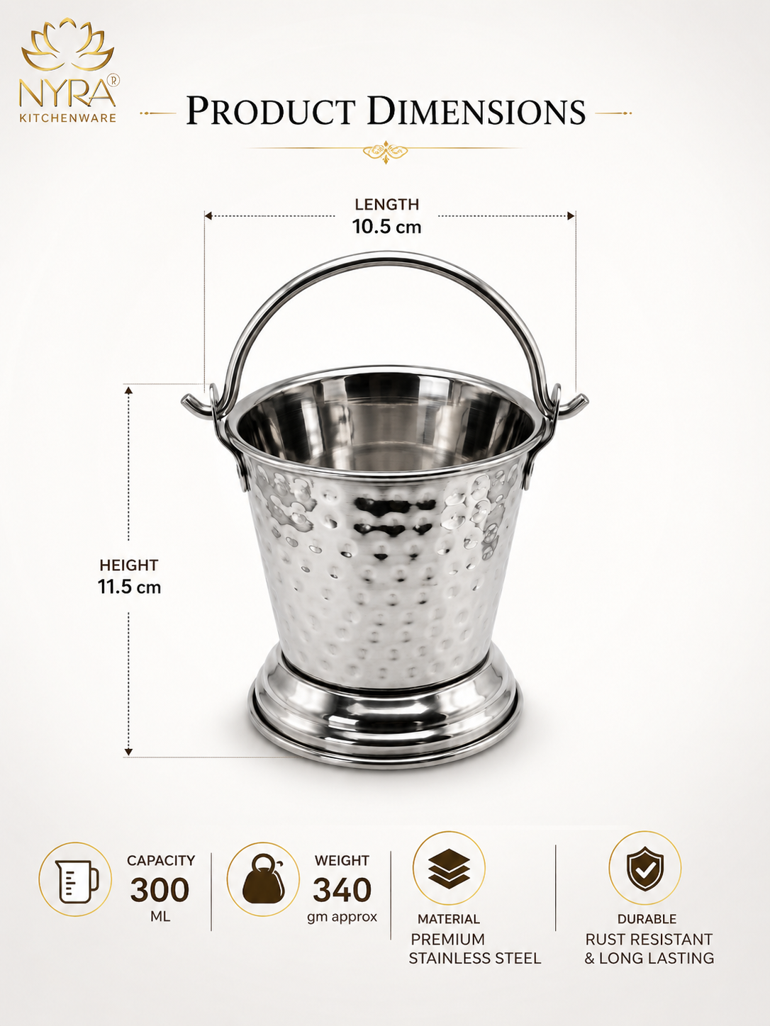 Stainless Steel mini-serving Balti | Hammered Design Serving Bucket - Traditional Serveware for Home, Restaurants & Dhabas