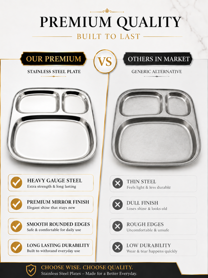 Stainless Steel Three Sectioned Plates | 3 in 1 Compartment Dinner Plate