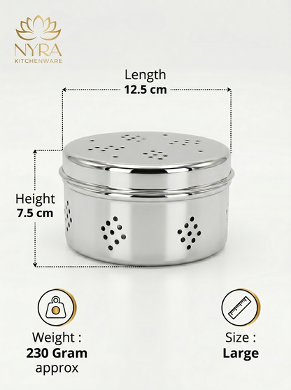 Stainless Steel Round Dibbi/Dabba | Ventilated Dhaniya & Spice Box