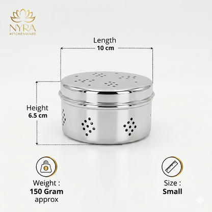 Stainless Steel Round Dibbi/Dabba | Ventilated Dhaniya & Spice Box