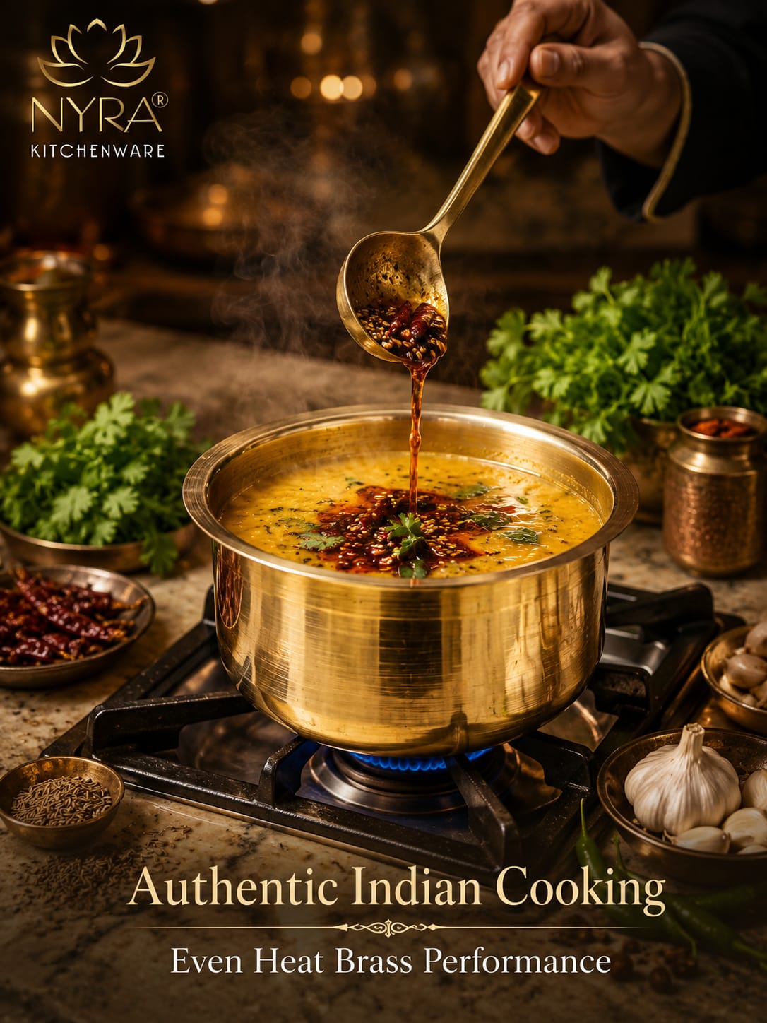 Brass pot on a stove with steam and ingredients, featuring Nyra Kitchenware logo.