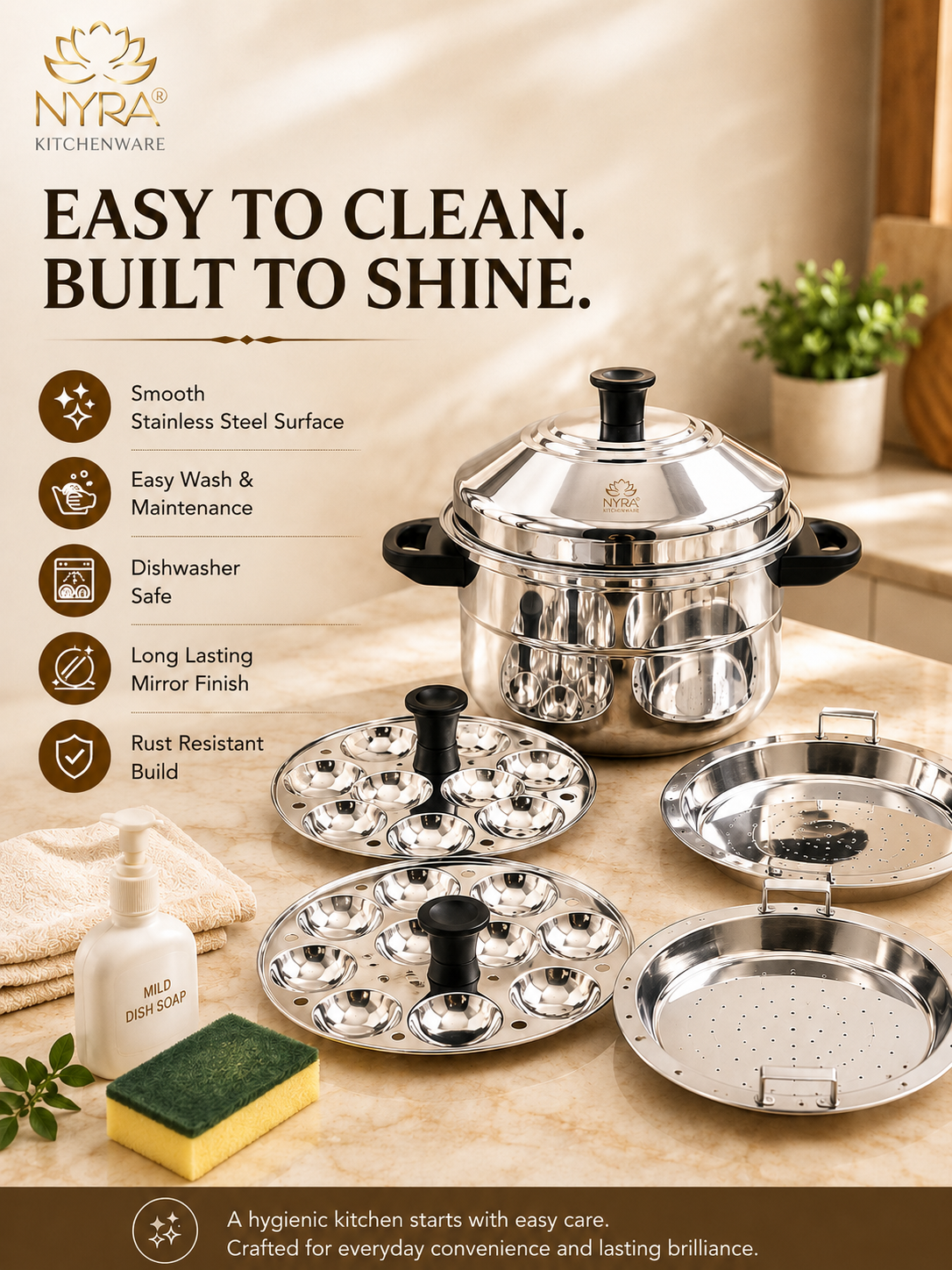 Stainless Steel Idli Cooker - 5 Plates | 3-Tier Steamer for Idli & Multi-Purpose Use