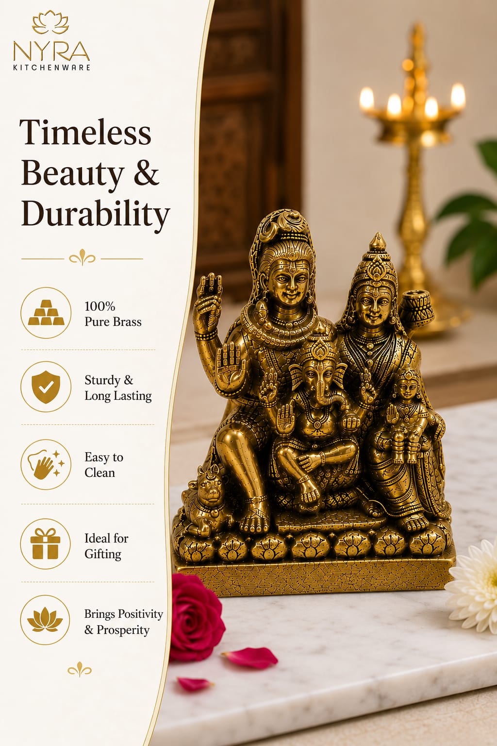 A brass statue of a Hindu deity family group displayed on a marble surface with a candelabra in the background. The left side features a promotional banner with text and icons for 'Nyra Kitchenware' highlighting product features like '100% Pure Brass', 'Sturdy & Long Lasting', and 'Easy to Clean'.