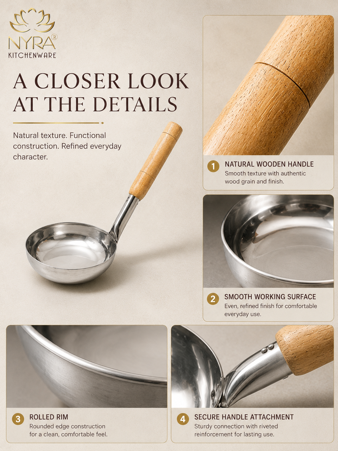 Stainless Steel Ladle with Wooden Handle – Premium Cooking & Serving Spoon
