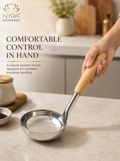 Stainless Steel Ladle with Wooden Handle – Premium Cooking & Serving Spoon