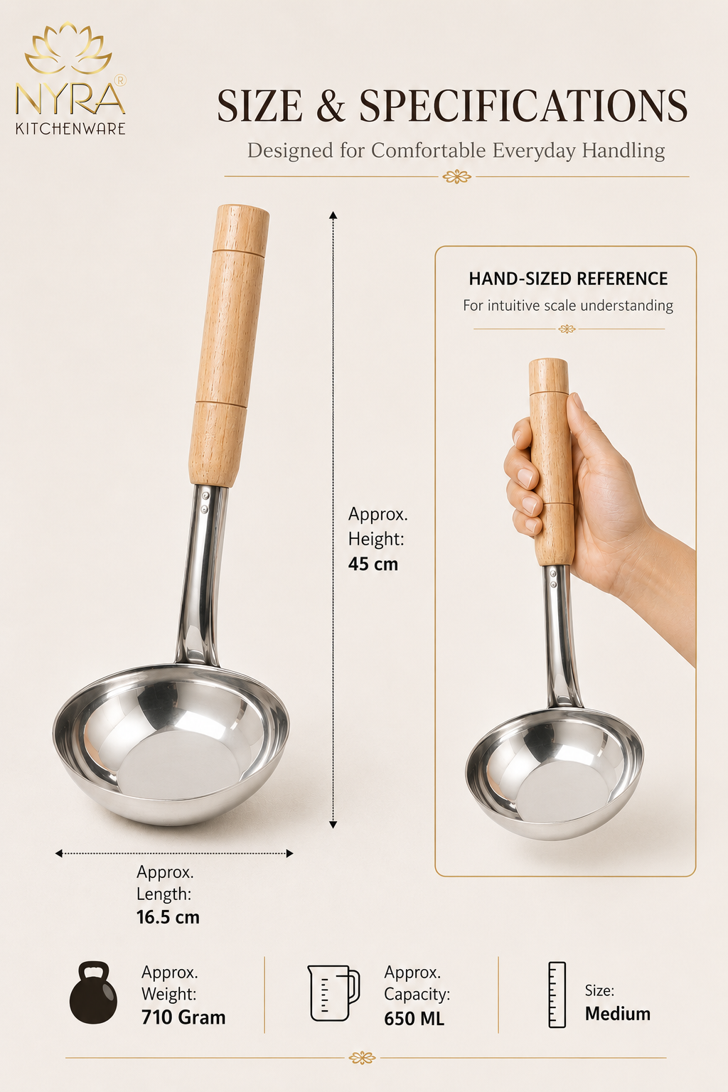 Stainless Steel Ladle with Wooden Handle – Premium Cooking & Serving Spoon