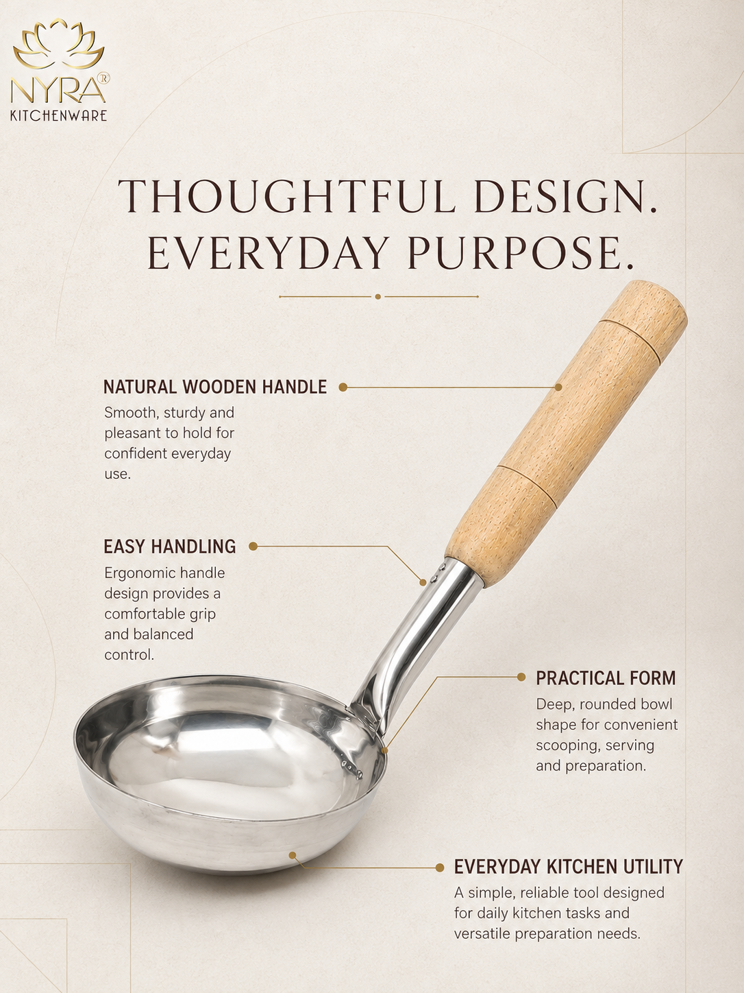 Stainless Steel Ladle with Wooden Handle – Premium Cooking & Serving Spoon