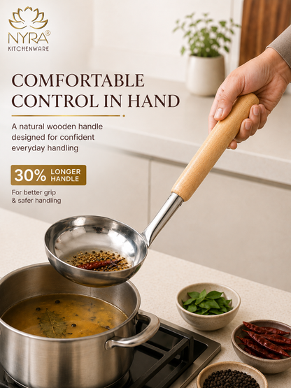 Stainless Steel Ladle with Wooden Handle – Premium Cooking & Serving Spoon