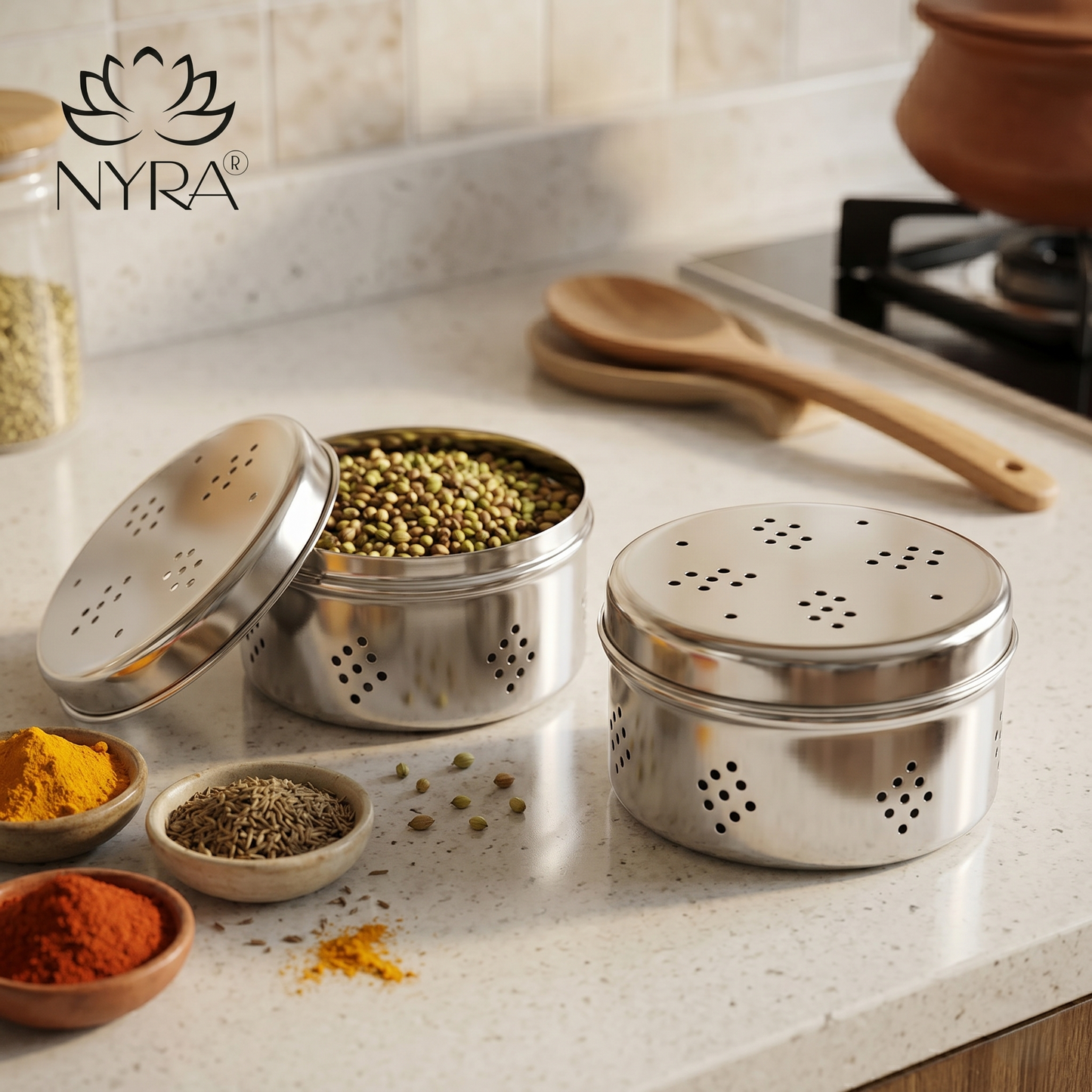 Stainless Steel Coriander Storage Box with Air Ventilation Holes | Dhaniya Dibbi - Set of 3