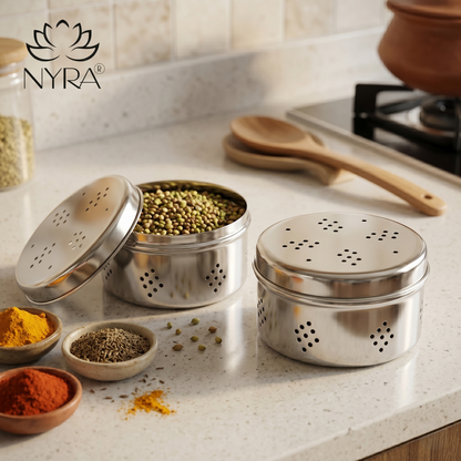 Stainless Steel Coriander Storage Box with Air Ventilation Holes | Dhaniya Dibbi - Set of 3