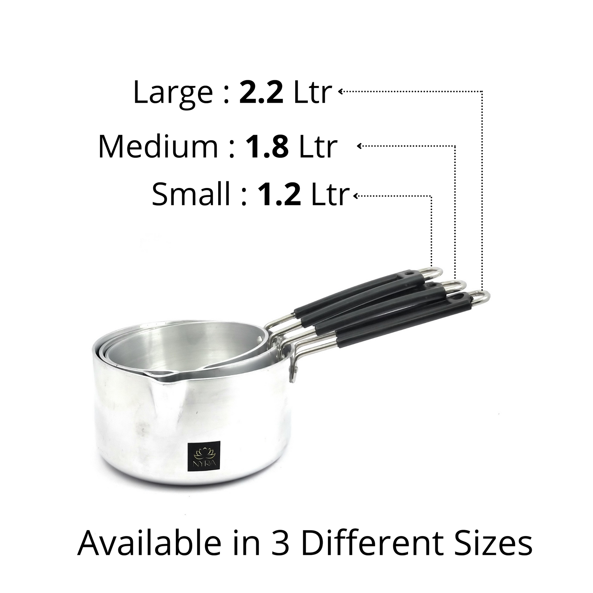 three sizes of aluminium induction sauce pan