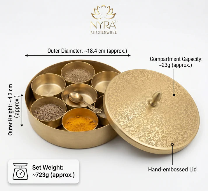 Premium Brass Spice Box with 7 Compartments & Spoon | Authentic Indian Masala Dabba - Handcrafted Embossed Lid Masaldani | Eco-Friendly Peetal Storage for Kitchen