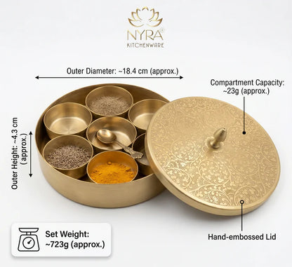 Premium Brass Spice Box with 7 Compartments & Spoon | Authentic Indian Masala Dabba - Handcrafted Embossed Lid Masaldani | Eco-Friendly Peetal Storage for Kitchen