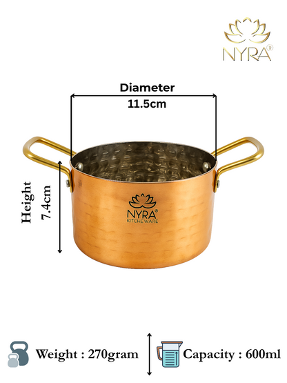 Copper pot with dimensions, weight, and capacity details on a white background, featuring the Nyra brand.