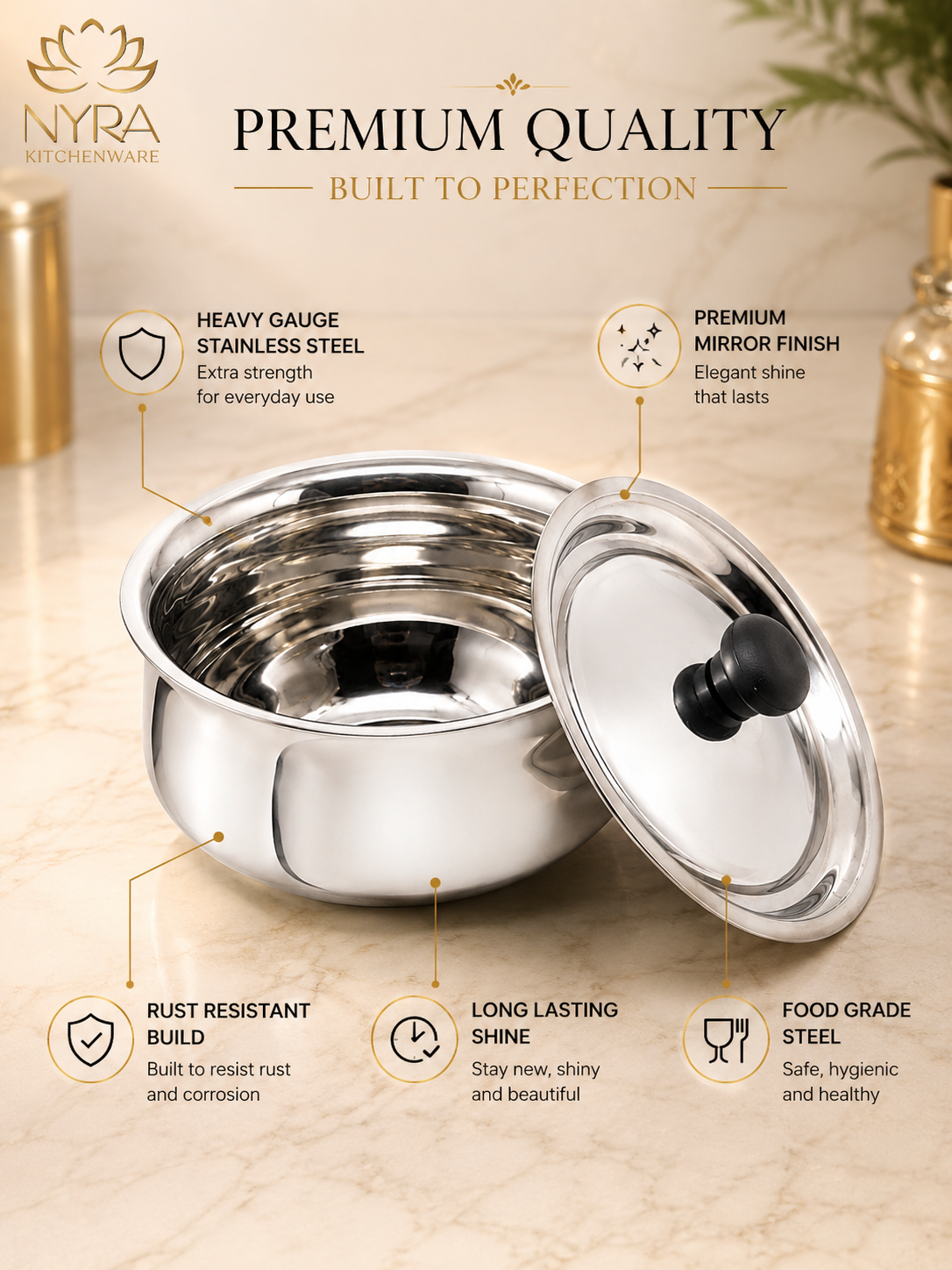Stainless Steel Pulao Handi with Lid and PVC Knob - Available in 3 sizes