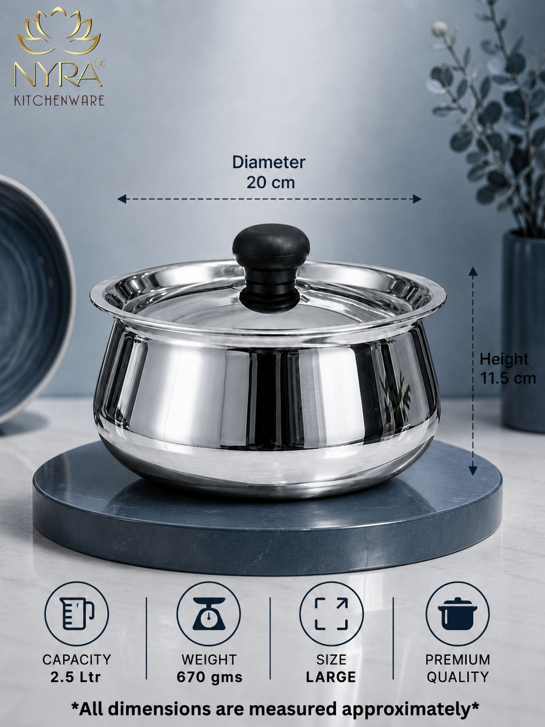 Stainless Steel Pulao Handi with Lid and PVC Knob – Set of 3