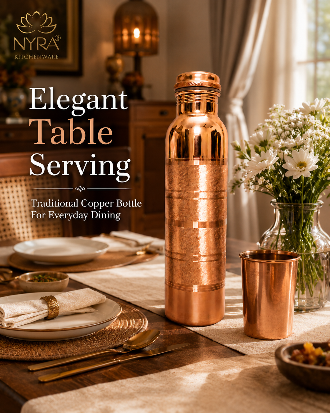 Pure Copper Water Bottle | Leak-Proof with Screw Cap | Glossy Silver-touch Copper Bottle
