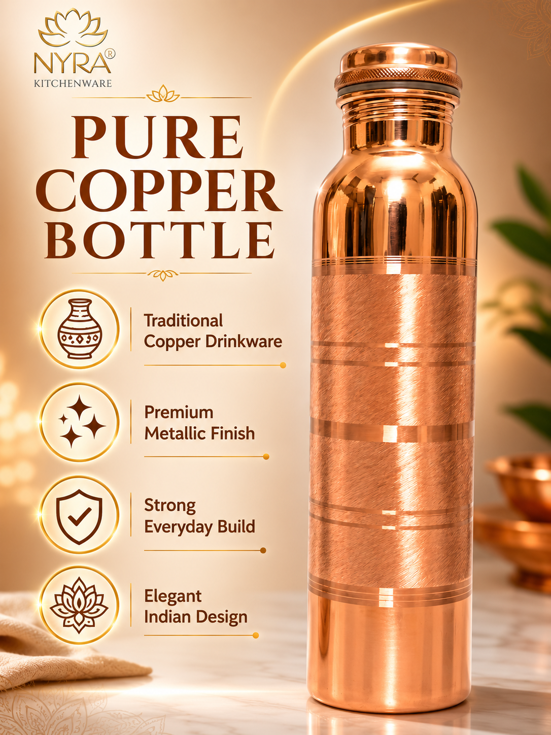 Pure Copper Water Bottle | Leak-Proof with Screw Cap | Glossy Silver-touch Copper Bottle